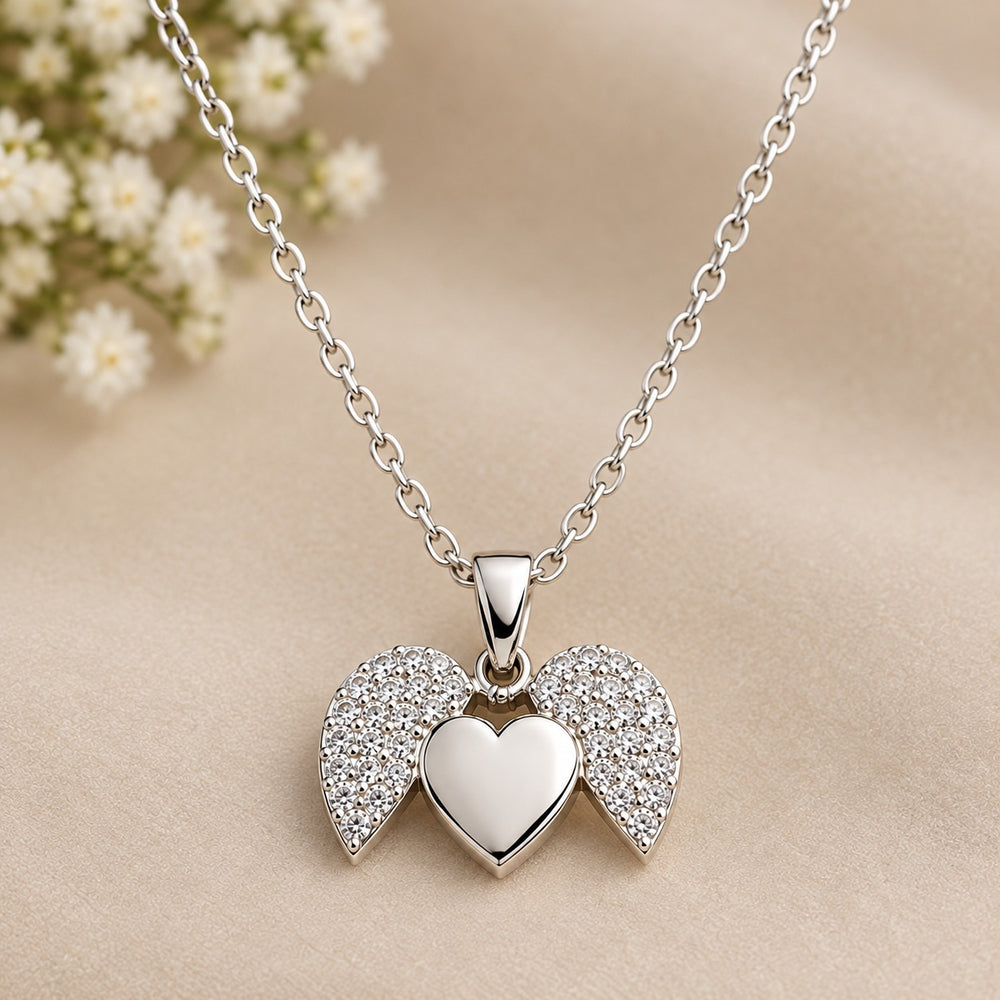 Heart Wings Silver Necklace – Sparkling Angel Wing Pendant