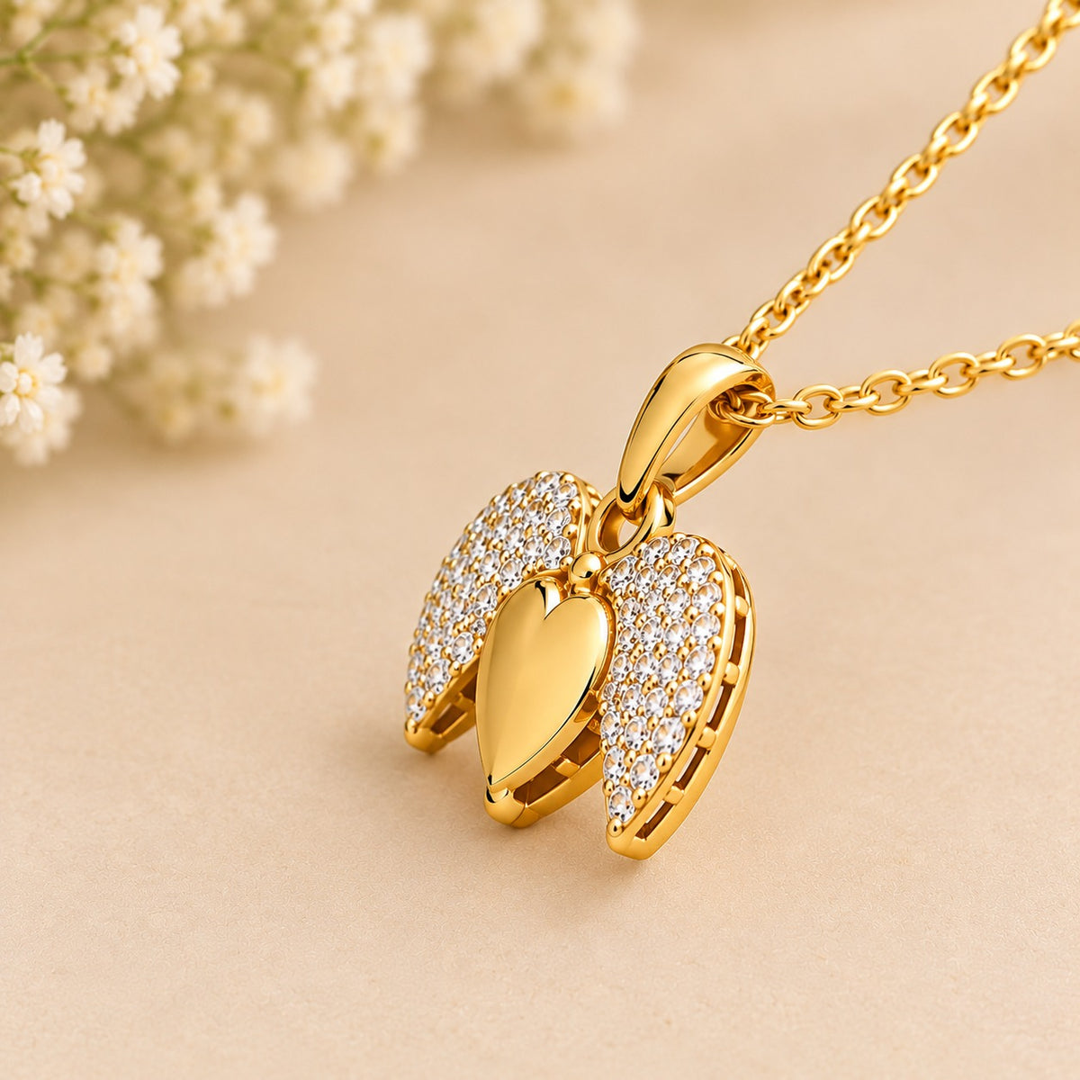 Heart Wings Gold Necklace – Sparkling Angel Wing Pendant