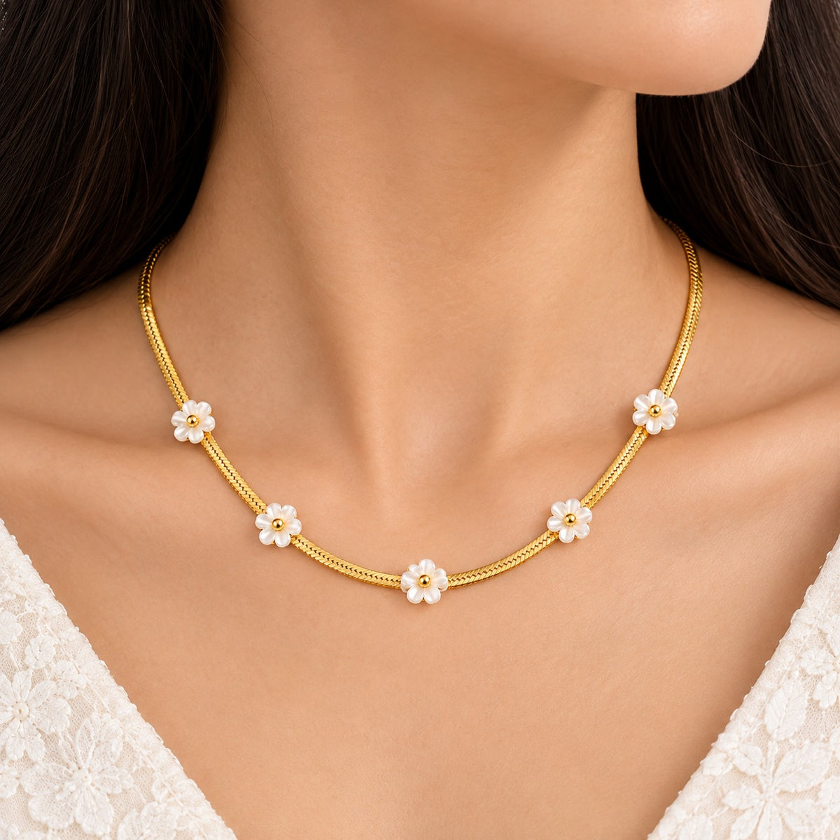 Floral Pearl Herringbone Gold Necklace