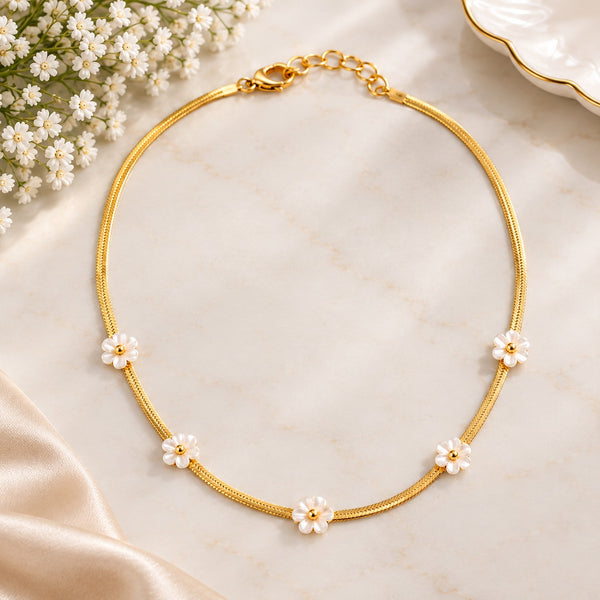 Floral Pearl Herringbone Gold Necklace